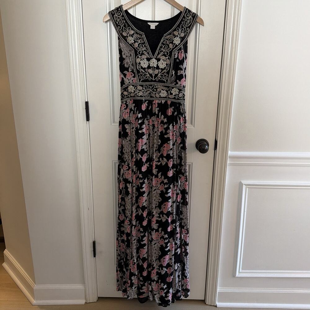 Monsoon Black Chiffon Silver Thread Peacock Floral Maxi Dress Boho Size 12